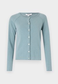 Hellblauer Cardigan mit langen Ärmeln, rundem Ausschnitt und Knopfverschluss vorne. Weiche Textur mit einfachem Design und ohne Muster.