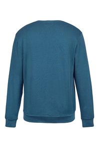 Modré mikina s kulatým výstřihem, dlouhé rukávy, žebrované manžety a lem, měkká texturovaná tkanina, minimalistický design, žádná viditelná loga nebo vzory.