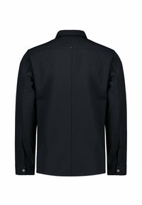 Zwarte lange mouw shirt van gladde stof, met een standaardkraag, knopenmanchetten en een centrale naaddetail op de rug.