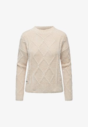 Beige gebreide trui met een diamant kabelpatroon, ronde hals, rib gebreide manchetten en zoom, en een textuurafwerking.