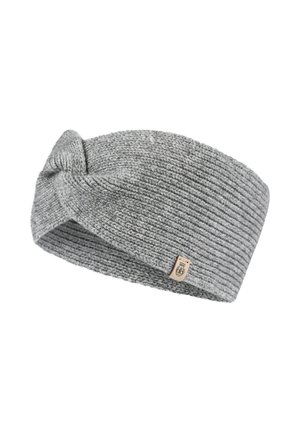 Gray knit headband with a twisted design, featuring a textured rib pattern and a small logo tag on one side.