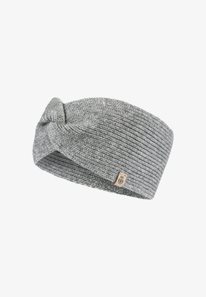 Gray knit headband with a twisted design, featuring a textured rib pattern and a small logo tag on one side.