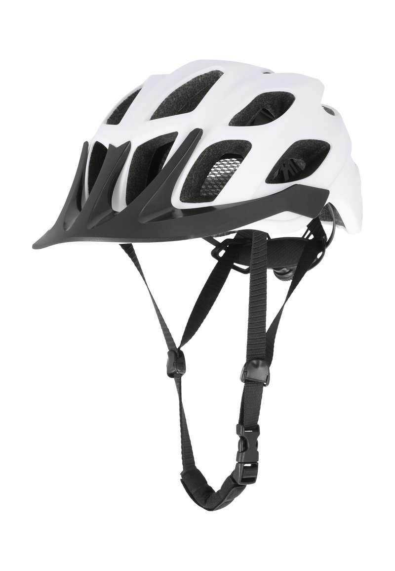 Weißer Fahrradhelm mit schwarzen Akzenten, ausgestattet mit mehreren Belüftungsöffnungen, verstellbaren Riemen und einem schlanken, aerodynamischen Design.