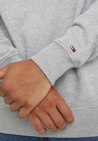Sudadera gris con puños acanalados, que cuenta con un pequeño detalle de logotipo en rojo, blanco y azul en la manga. Tejido suave y texturizado.