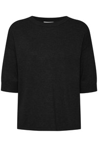 Top corto a maniche corte nero in maglia con una vestibilità rilassata. Presenta un colletto rotondo e texture a coste, offrendo un aspetto casual.