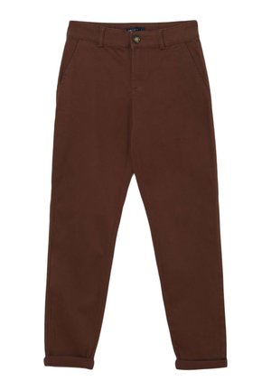 Dunkelbraune Freizeithose mit Gürtelschlaufen, vorderem Knopf- und Reißverschluss, seitlichen Taschen und umgeschlagenen Bündchen.
