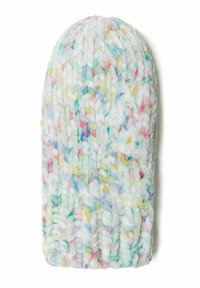 Beanie lavorato a maglia in colori pastello con una finitura morbida e testurizzata. Presenta una parte superiore arrotondata e un motivo di colori variati in rosa, blu e giallo.