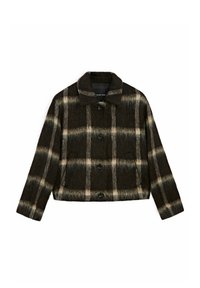 Veste à carreaux marron foncé et beige avec boutons, manches longues et col, présentée à plat sur un fond blanc.