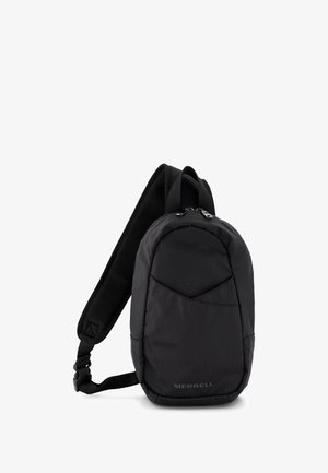 Schwarzer Rucksack mit runder Form, aus strukturiertem Nylon gefertigt, mit einer Fronttasche und einem verstellbaren Gurt mit Mesh-Details.