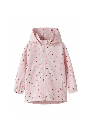 Lyserosa regnjakke med hette, røde hjerte- mønstre, frontglidelås, elastiske mansjetter og to sidelommer.