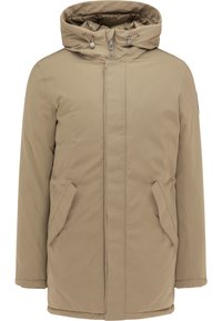 Parka beige matelassée avec capuche, fermeture éclair à l'avant, deux poches latérales et texture lisse. Agrémentée d'un cordon de serrage à la capuche.