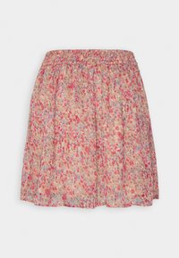 Falda con estampado floral y cinturilla elástica. Presenta una tela ligera y fluida en colores rosa pastel, rojo y azul, con una textura en capas.