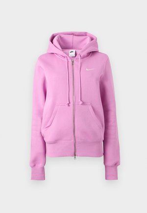 Φούτερ με φερμουάρ σε χρώμα λεβάντας ροζ με τσέπες μπροστά, κουκούλα με ρυθμιζόμενο κορδόνι, ριμπ μανσέτες και μικρό λευκό λογότυπο Nike στο στήθος.