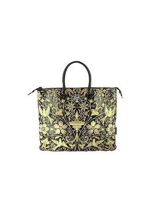 Borsa nera con intricati motivi floreali e di uccelli dorati, dotata di due manici neri, chiusura con zip e un design piatto adatto per trasportare gli essenziali.