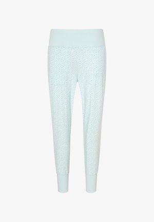 Lichtblauwe joggers van een zacht, rekbaar stof, met een brede, ribbelige tailleband en kleine, subtiele zwarte stippen overal verspreid.