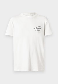 Λευκό βαμβακερό T-shirt με ένα μικρό μαύρο τυπωμένο λογότυπο και σχέδιο. Στρογγυλή λαιμόκοψη και κοντά μανίκια με άνετη εφαρμογή.