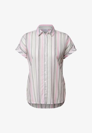 Kurzarm-Hemd aus leichtem Stoff, mit vertikalen Streifen in Rosa, Grau und Weiß. Abgerundeter Saum und Kragen-Detail.