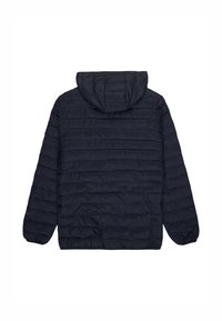 Navy blue quilted puffer jacket with hood, long sleeves, and elastic cuffs, shown from the back on a white background.