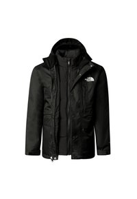 Black insulated jacket with a zip and snap closure, a foldable hood, and two front pockets. Features logo on the left chest and smooth texture.