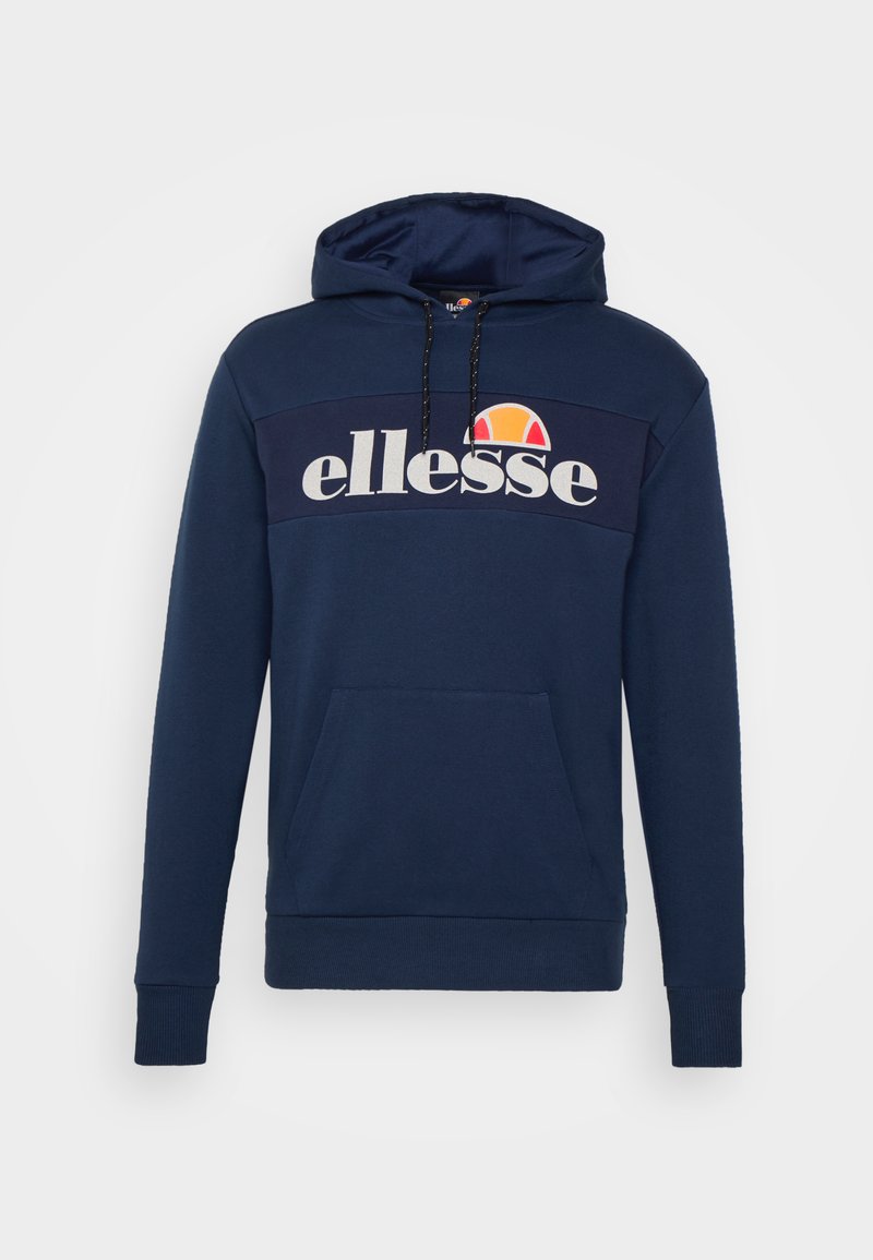 Dunkelblaues Hoodie mit einer vorderen Kängurutasche, Kapuze mit Kordelzug und einem großen "ellesse"-Logo auf der Brust in Weiß und orangefarbenen Akzenten.