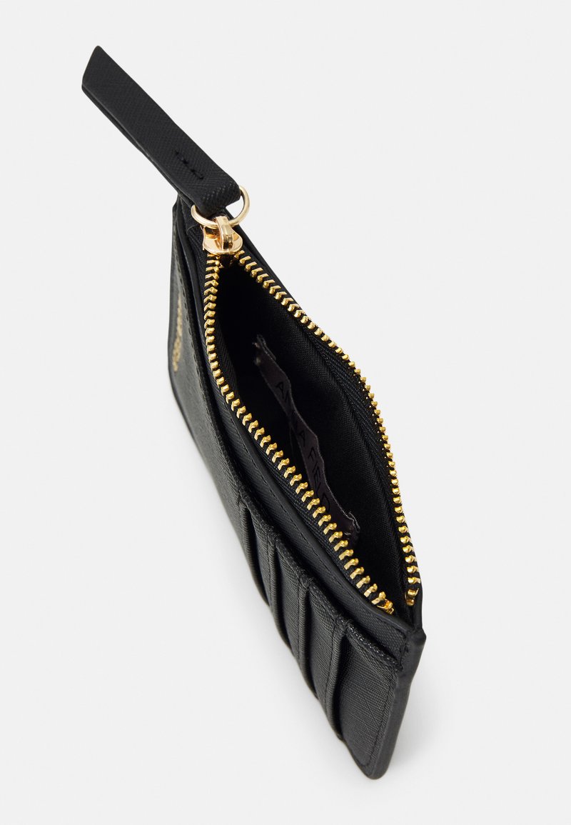 Black zippered wallet made of textured material, featuring a gold zipper, interior card slots, and padded exterior detail.