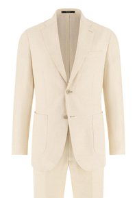 Veste de costume beige pour homme à deux boutons avec revers crantés, poches plaquées et une poche poitrine passepoilée, assortie à un pantalon coordonné.