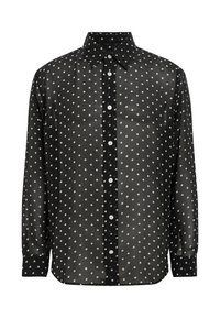 Camisetă neagră cu mânecă lungă, cu buline albe, având guler, închidere cu nasturi și textură netedă.