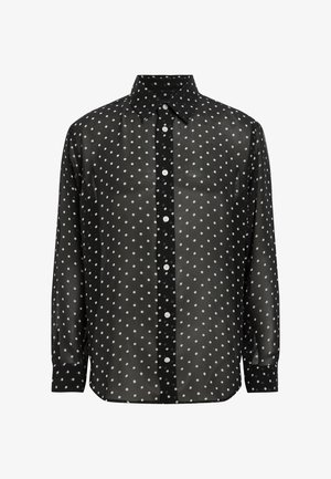 Schwarzes Langarmshirt mit weißen Pünktchen, mit einem kragenförmigen Hals, geknöpften Vorderseite und glatter Textur.