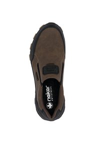 Braune Slipper mit einem strukturierten Lederoberteil, kontrastierender schwarzer Gummisohle und gestickten Details. Enthält eine gepolsterte Innensohle für zusätzlichen Komfort.