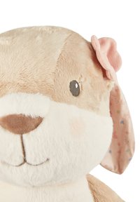 Soft plush bunny, featuring a beige and white exterior, pink inner ears with a floral pattern, and embroidered facial details.