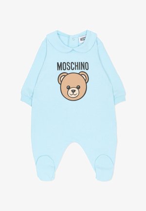 Body a maniche lunghe azzurro chiaro con colletto rotondo, caratterizzato da una stampa con il volto di un orso marrone e la scritta "MOSCHINO" sopra. Realizzato in misto cotone, design con piedi coperti.