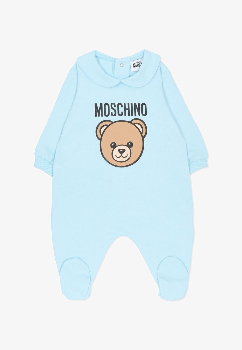 Body a maniche lunghe azzurro chiaro con colletto rotondo, caratterizzato da una stampa con il volto di un orso marrone e la scritta "MOSCHINO" sopra. Realizzato in misto cotone, design con piedi coperti.