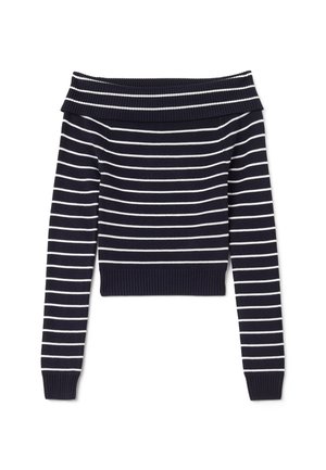 Sweater marine à manches dénudées avec des rayures blanches. Encolure et ceinture côtelées, manches longues, design court et texture de tricot lisse.