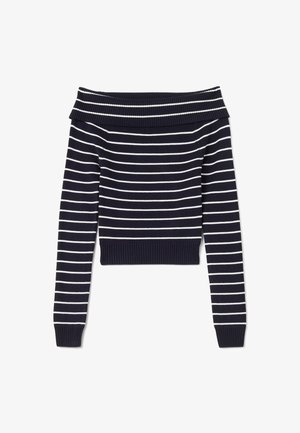 Marinemouwloos sweater met witte strepen. Geribbelde halslijn en tailleband, lange mouwen, cropped ontwerp en gladde brei textuur.