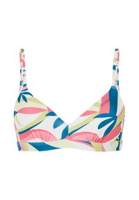 Haut de bikini triangle avec un imprimé floral vibrant en rose, vert et bleu sur fond blanc. Bretelles réglables, détails froncés.