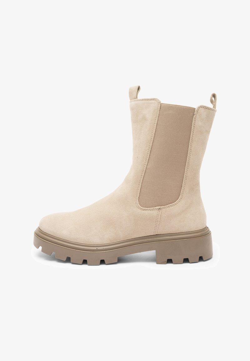 Beige suede ankle boot with chunky lug sole, elastic side panel, and pull tabs on heel and front for easy wear.