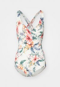 Maillot de bain une pièce floral avec des bretelles croisées. Présente un fond blanc avec des motifs colorés d'hibiscus et de feuilles. Texture de tissu lisse.