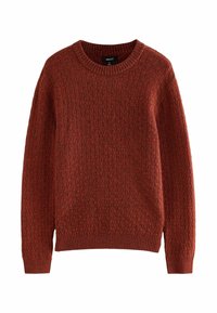 Sweter w kolorze rdzy, wykonany z dzianiny, z teksturowanym wzorem, okrągłym dekoltem oraz ściągaczami przy mankietach i u dołu, z miękkiego, ciepłego materiału.