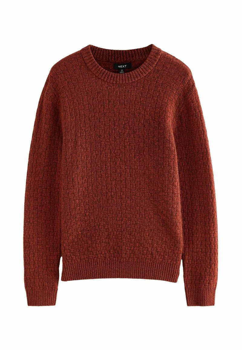 Sweter w kolorze rdzy, wykonany z dzianiny, z teksturowanym wzorem, okrągłym dekoltem oraz ściągaczami przy mankietach i u dołu, z miękkiego, ciepłego materiału.
