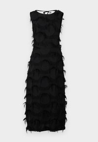 Vestido midi negro sin mangas con escote redondo, grandes lunares texturizados, detalles de flecos y un cierre con lazo en la parte superior de la espalda.