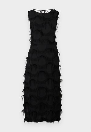 Mustamugav särkidevaba midi kleit ümmarguse kaelusega, tekstuuriga suured täpid, pitsilised detailid ja sidumisvõimalus ülemisel seljal.