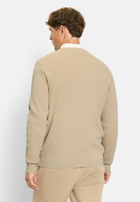 Beige gestrickter Pullover mit strukturiertem Muster, gerippten Bündchen und Saum. Die Rückansicht zeigt ein schlichtes Design mit Rundhalsausschnitt.