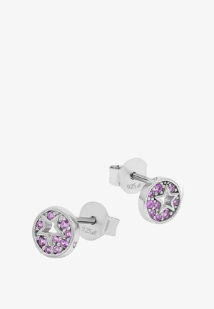 Ohrstecker aus Sterlingsilber mit sternförmigem Ausschnitt, umgeben von kleinen runden rosa Edelsteinen in einer runden Fassung.