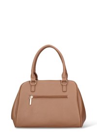 Sac à main marron texturé avec deux poignées courtes, une poche avant zippée et des accents métalliques dorés. Forme structurée avec des côtés arrondis.