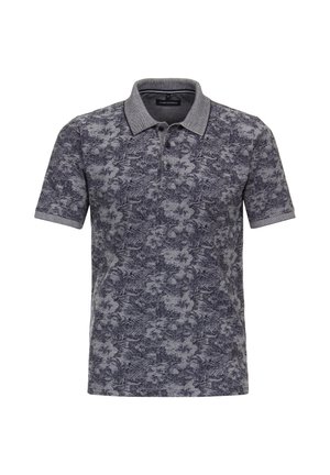 Polohemd mit kurzen Ärmeln in Dunkelblau mit texturiertem Blumenmuster, ausgestattet mit einem kontrastierenden Kragen und einer Knopfleiste mit drei Knöpfen.