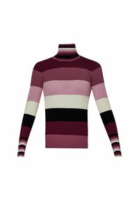 Pull à col roulé en maille côtelée à manches longues avec des rayures horizontales dans les tons bordeaux, rose, blanc, noir et mauve.