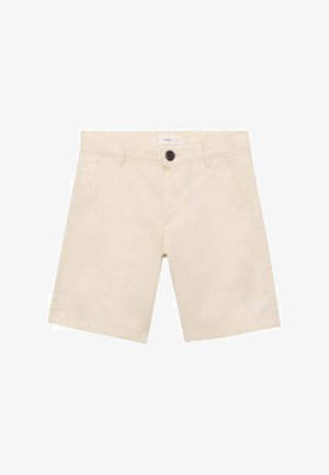 Béžové bavlněné kraťasy s dvěma bočními kapsami, předním zapínáním na knoflík a čistými lemy. Minimalistický design bez vzorů či ozdob.