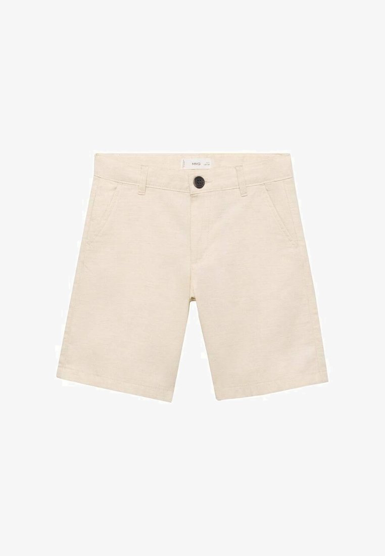 Bež bombažne kratke hlače z dvema stranskima žepoma, sprednjim zapiranjem na gumb in čistimi robovi. Minimalističen dizajn brez vzorcev ali okraskov.