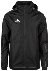 Czarna kurtka typu windbreaker z zamek z przodu, regulowanym kapturem, odblaskowymi paskami po bokach oraz logo Adidas na lewej piersi.