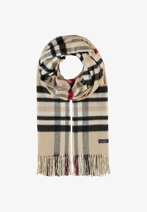 Bež šal s crno-crvenim kariranim uzorkom, izrađen od mekanog materijala. Završava s resicama. Etiketa je vidljiva na dnu.